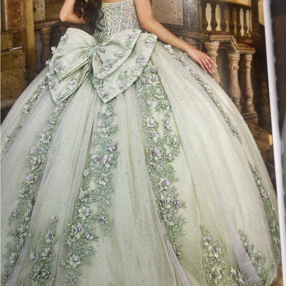 Rachel Allan Green Floral Wedding Dress color sage and small lilac details